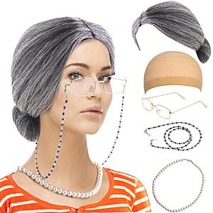 Feacole Old Lady Costume Set Grandma Madea Granny Wig Cosplay for Halloween Bun Gray - $4.99