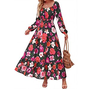 BTFBM Women's Square Neck Long Sleeve Floral Maxi Dress $14.99 + Free Shipping w/ Prime or on $35+