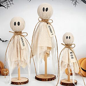 DAZONGE Halloween Decor, 3 Set Primitive Halloween Ghosts on Wooden Stand $5.99