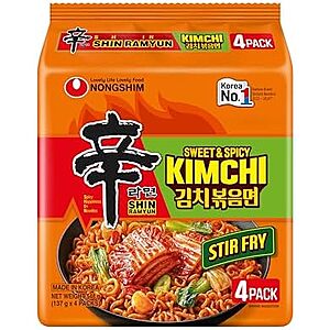 Nongshim Shin Ramyun Kimchi Stir Fry, Instant Ramen, 4.83 Oz (Pack of 4) Sweet and Spicy, Korean Ramyun Noodles with Sauce~$4.99 After Coupon @ Amazon