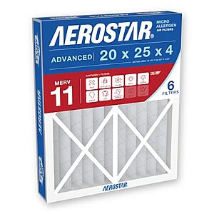 [SnS] $67.93 | Aerostar Air Filter 20x25x4 MERV 11 AC Filter, HVAC, Furnace Filter, 6 Pack at Amazon