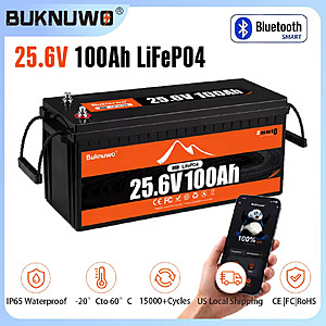 Buknuwo M8 24V 100Ah LiFePO4 Battery, 25.6V 2560Wh, 100A BMS Support, 15000+ Deep Cycles, IP65 Waterproof, Bluetooth; free s&h $270.87