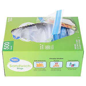 $5.17-$8.24 FS WALMART+ or Pick Up Great Value Sandwich Bags, Double Zipper, 300 or 500 Count