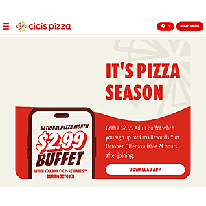 Cicis Pizza: $2.99 Adult Buffet (Dine In/App Req) Only for New Rewards Members Thru 10/31, Plus $5 Medium One-Topping Pizzas TO GO
