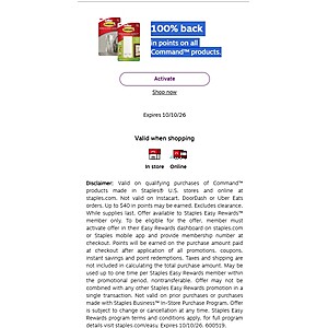 At Staples - 100% back in points on all Command™ products. 10/04/26-10/10/26