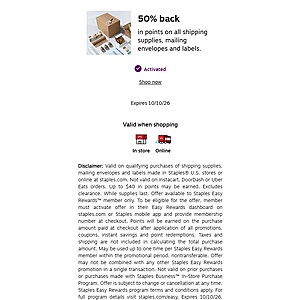 At Staples - 50% back in points on all shipping supplies, mailing envelopes and labels. 10/4/26-10/10/26