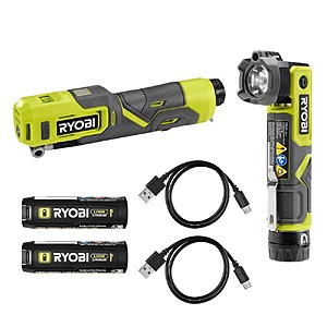 RYOBI USB Lithium LED Compact Flashlight and Cordless High Pressure Portable Inflator Kit w/ (2) Batteries and Charging Cables $59.94
