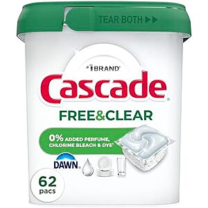 [SnS, AC] $39.28 | 3 × 62-Count Cascade Free & Clear Dishwasher Pods ($13.10 each) at Amazon