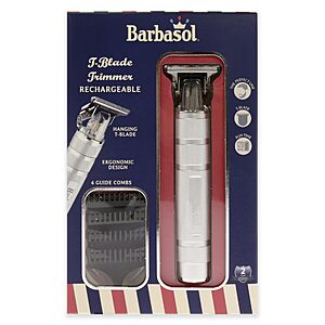 Barbasol Stainless-Steel Rechargeable Zero-Gapped T-Blade Hair Trimmer, Hanging Blade, 4 Guide Combs