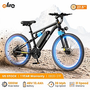 Qlife Racer Ultra 27.5in Electric Bike 500W (Peak 1200W) 48V 10.4Ah 28mph 21-Speed (Shimano) up to 55Mile Range Full Suspension $329 + Free S/H
