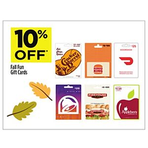Dollar General in store, 10% off select gift cards, DoorDash, Taco Bell, Burger King, Firehouse Subs, Cracker Barrel, Applebee's