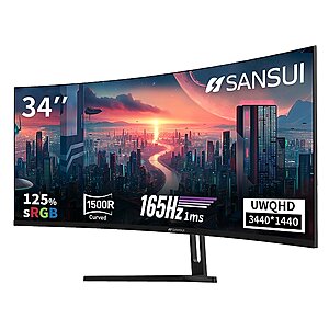 $180 FS STAPLES Sansui 34" Curved WQHD 165Hz LED AMD FreeSync Gaming Monitor,