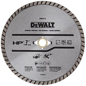 DEWALT Diamond Blade for Block and Brick, Dry/Wet Cutting, Continuous Rim, 7-Inch (DW4712) $12.61