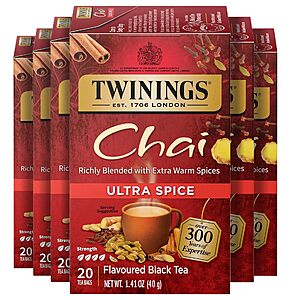 $17.30 or less S&S 10% off Q Twinings Ultra Spice Chai Individually Wrapped Bags, 20 Count (Pack of 6), Sweet, Savoury Spices, Caffeinated