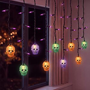 SUNSGNE 7FT 50 Count LED Halloween Skull Curtain Lights, Plug-in $13.22 AC