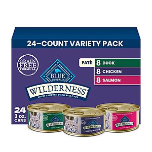 24-Count 3-Oz Blue Buffalo Wilderness Variety Pack Adult Wet Cat Food Pâté (Chicken, Salmon & Duck) $20.57 w/ S&S + Free Shipping w/ Prime or on $35+