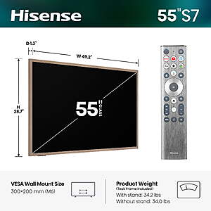 $898 FS WALMART Hisense 55" S7 CanvasTV 4K Hi - QLED UHD Google Smart Art TV (55S7SG, 2026 New) - 144Hz, Art Mode, Anti-Glare Panel, Dolby Vision HDR, Hi-Matte Display,