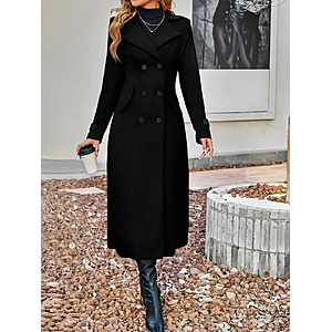 Notched Lapel Double-Breasted Long Coat with Full Lining and Pockets - Code AK5K8 $23.6