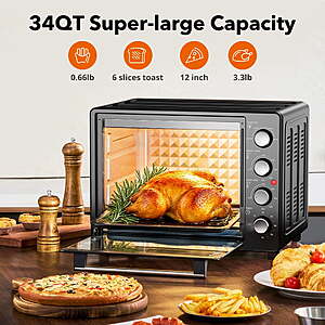 $73 Walmart Seller FS 34 QT Super-Large Air Fryer, Electric Toaster Oven Countertop, Pizza, Warm, Broil, Toast, Bake, Air Fry, 1500W, 5 Functions, 85% Oil-Less