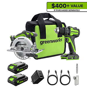 Greenworks 24V Brushless Cordless Drill/Driver & 6.5" Circular Saw Combo Kit w/ 2x 2Ah USB-C Batteries & Charger $140.00 + Free Shipping w/ Walmart+ or on $35+