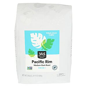 [Prime] 24-Oz 365 by Whole Foods Market Pacific Rim Whole Bean Coffee (Medium-Dark Roast) $9.39 w/ S&S + Free Shipping