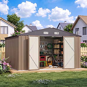 Patiowell 10x10 ft Outdoor Metal Storage Shed w/ Sloping Roof & Double Lockable Door (Brown) $307.99 + Free Shipping w/ Walmart+ or on $35+