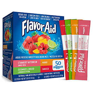 50 count, Flavor Aid Aguas Frescas Singles To Go Powdered Drink Mix Variety Pack, Strawberry Watermelon, Mango, Cucumber Limeaid, Jamaica, Sugar-Free, $6.97, Walmart