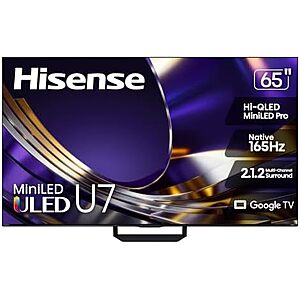 $827.99* | 65" Hisense 65U7SG 4K 165Hz MiniLED QLED HDR Smart Google TV (2026) + 10% Back w/ Prime Visa Card at Amazon
