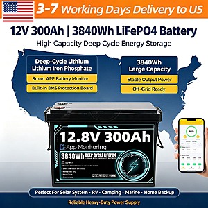 PWOD 12V 300Ah LiFePO4 Battery 3840Wh Built-in 200A BMS $232.50 + Free Shipping