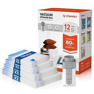 ETENWOLF 12 Combo Vacuum Storage Bags for Travel with Wireless Pump $11.99