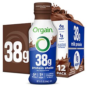 [S&S, AC] $25.49: Orgain Grass-Fed Protein Shake, Chocolate, 14 oz, 12-pack