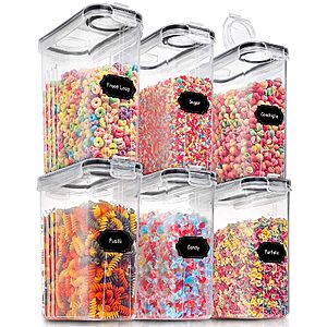 PRAKI Large Dry Food Storage Containers with Lids, 6PCS Airtight Cereal Containers Storage Set, Leak-proof Canister Set with 20 Labels & Marker (4L Black) $26.99