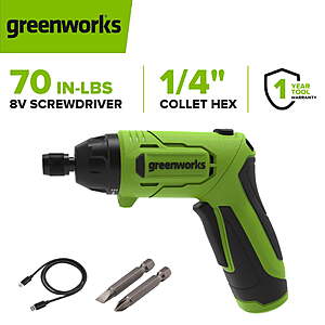 Greenworks 8V Dual-Position Screwdriver, 70 in-lb Torque, ( Other New Greenworks Power Tools Discounted As Well) $24.97