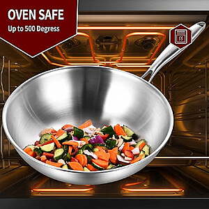 LOLYKITCH Tri-ply Stainless Steel Stir Fry Wok Pan with Lid,12 inch Stri Frying Pan,Induction Pan,Dishwasher and Oven Safe,Removable Handle. $30.85