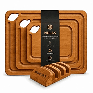 NULAS 4-Piece Wood Cutting Board Set, Bamboo Chopping Board for Kitchen with Holder, Juice Grooves & Easy-Grip Handles $19.39 AC