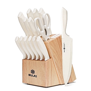 NULAS Knife Set, 14-Piece with Built-in Sharpener, Non-Stick Coated High Carbon Stainless Steel Knife Block Set, Dishwasher Safe, Cream - $23.99 AC