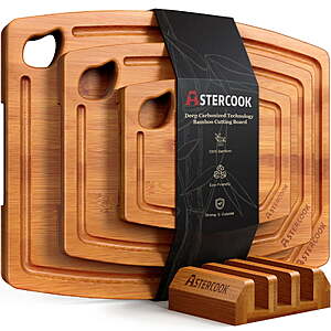 Astercook 4-Piece Bamboo Cutting Board Set with Holder, Deep Carbonized Wood Chopping Boards for Kitchen $22.49