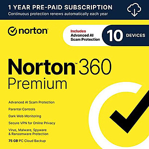 1-Year Norton 360 Premium 2026, Antivirus Software 10 Devices with Auto-Renewal $16.99 & More (Digital Delivery)