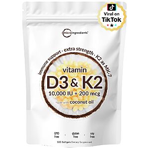 Prime Members: 300-ct Micro Ingredients Vitamin D3 10000iu + K2 200mcg Softgels $27.96 + FS w/ Prime or over $35+