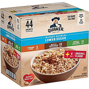 [SnS, AC] $10.97* | 44-Count Quaker Lower Sugar Instant Oatmeal (4-Flavor Variety Pack) at Amazon