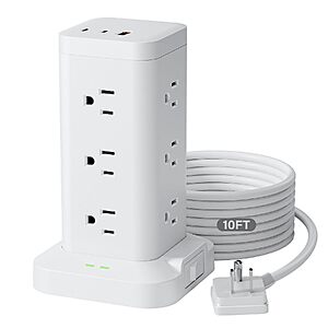 1800J 9.8' Tagzilo Power Strip Tower Surge Protector w/ 12 AC Outlets & 3 USB Ports (White) $17.49 + Free Shipping w/ Prime or on $35+
