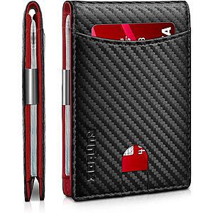 PRIME MEMBERS: RUNBOX Slim Money Clip Wallet for Men, RFID Blocking Bifold, Front Pocket (Carbon Black n Red) $4.50 AC
