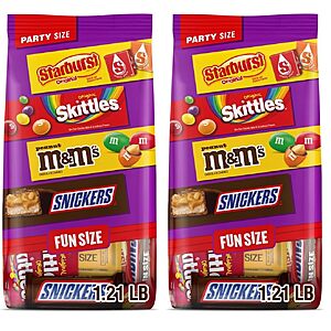[S&S] M&M'S Peanut, SNICKERS, STARBURST & SKITTLES Fun Size Assorted Candy Variety Pack, 19.44 oz Bulk Candy Bag (Pack of 2) $18.63