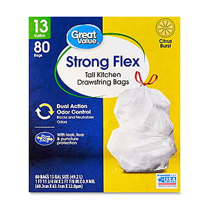 $10 Walmart Great Value Strong Flex 13-Gallon Drawstring Tall Kitchen Trash Bags, Citrus Burst, 80 Count
