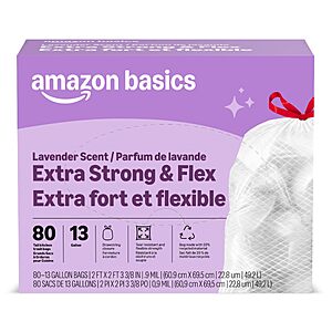 $8.41 S&S AMZ Amazon Basics Ultra-Force Tall Kitchen Drawstring Trash Bags, Lavender Scented, 13 Gallon, 80 Count, Pack of 1