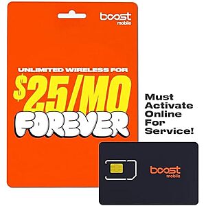 $5* | Boost Mobile Sim Kit: 1-Month Unlimited Talk, Text & Data (30GB) at Amazon