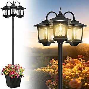 [Prime, AC] $57.99* | 74" Joyoowild 3-Head Solar Lamp Post w/ Planter & 2 Extra Edison-Style Bulbs at Amazon