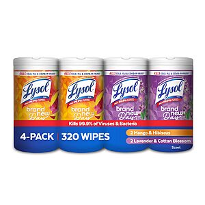Prime: 4-Pack 80-Count Lysol Disinfectant Wipes Bundle (Mango + Lavender) $9.49 w/ S&S + Free Shipping