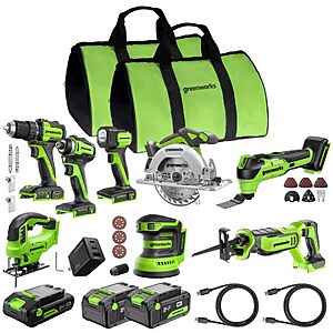 GREENWORKS 24V (8-TOOL) Combo (Drill, Impact Driver, Circular Saw, Reciprocating Saw, Jigsaw, Multi-Tool, Sander, Flashlight), 4.0Ah + (2) 2.0Ah (Power Bank) Batteries $305.74
