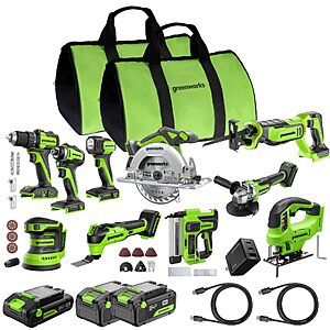 Greenworks 24V Brushless 10PC TOOL, Drill+Impact Driver+Circular Saw+Recip Saw+Jig Saw+Sander+Light+Multi-Tool+Nailer+Grinder (2) 4.0Ah+2.0Ah Batteries (24,000mAh PB) for $516